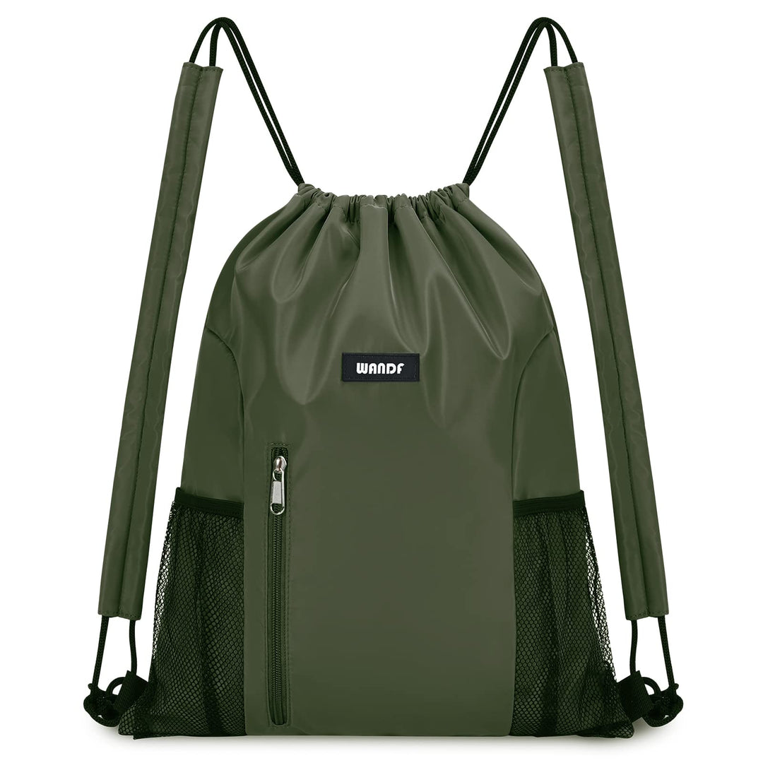 WANDF Drawstring Backpack with Shoulder Pad Sports Gym Backpack with Mesh Pocket String Bag for Women Men(Dark green)