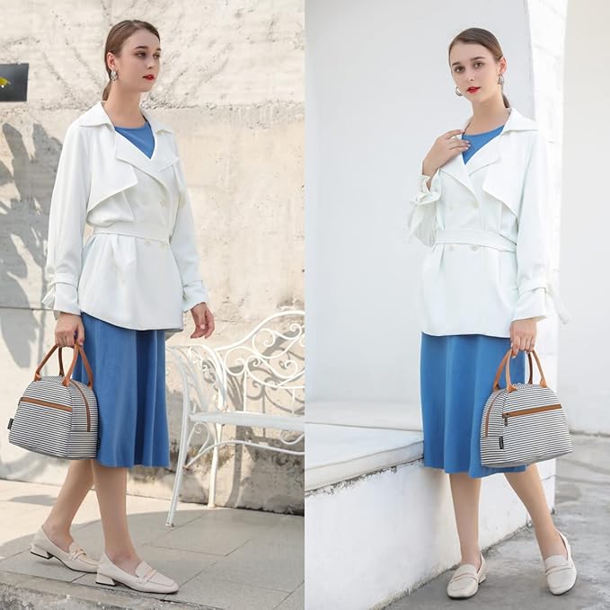 FlowFly Insulated Lunch Cooler Bag - Tote Bag Organizer for Women/Men, White & Black Stripe