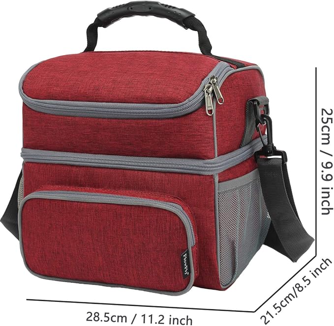 FlowFly Double Layer Cooler Insulated Lunch Bag Adult Lunch Box Large Tote Bag for Men, Women, With Adjustable Strap,Front Pocket and Dual Large Mesh Side Pockets