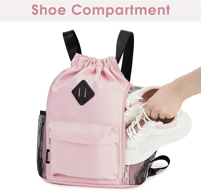 WANDF Drawstring Backpack Sports Gym Bag with Shoes Compartment, Water-Resistant String Backpack Cinch for Women Men (Small,Pink)