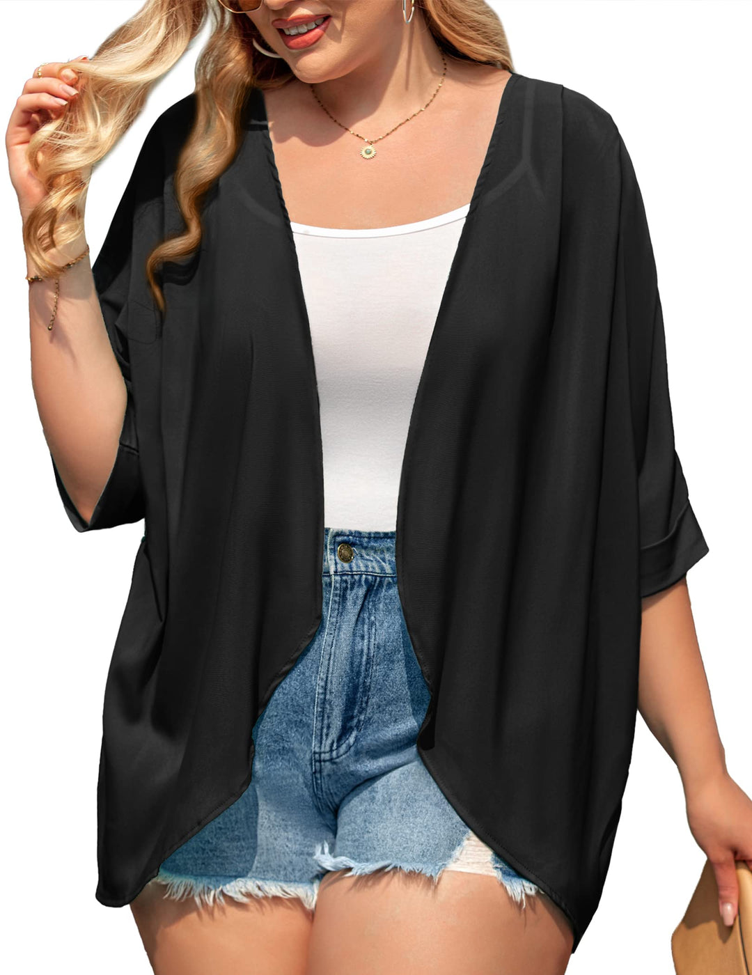 Womens Plus Size Kimono Cardigan Open Front Sheer Chiffon Sun Protection Cover Up Cardigans Black, 16 Plus