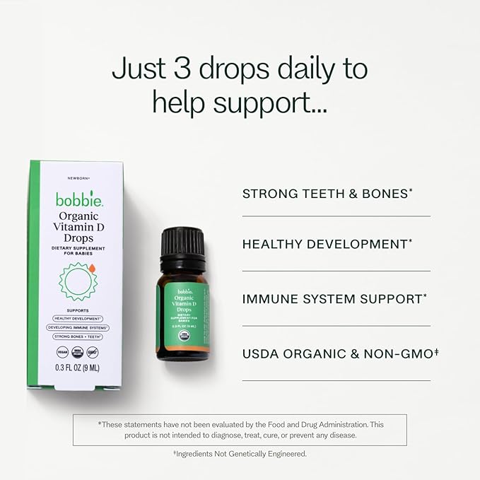 Bobbie Organic Baby Vitamin D Drops, Daily Liquid Supplement to Support Development, Immune Health and Strong Teeth and Bones* in Newborn Babies and Infants, Vegan, Infant Vitamin D, 400 IU, 0.3 fl oz