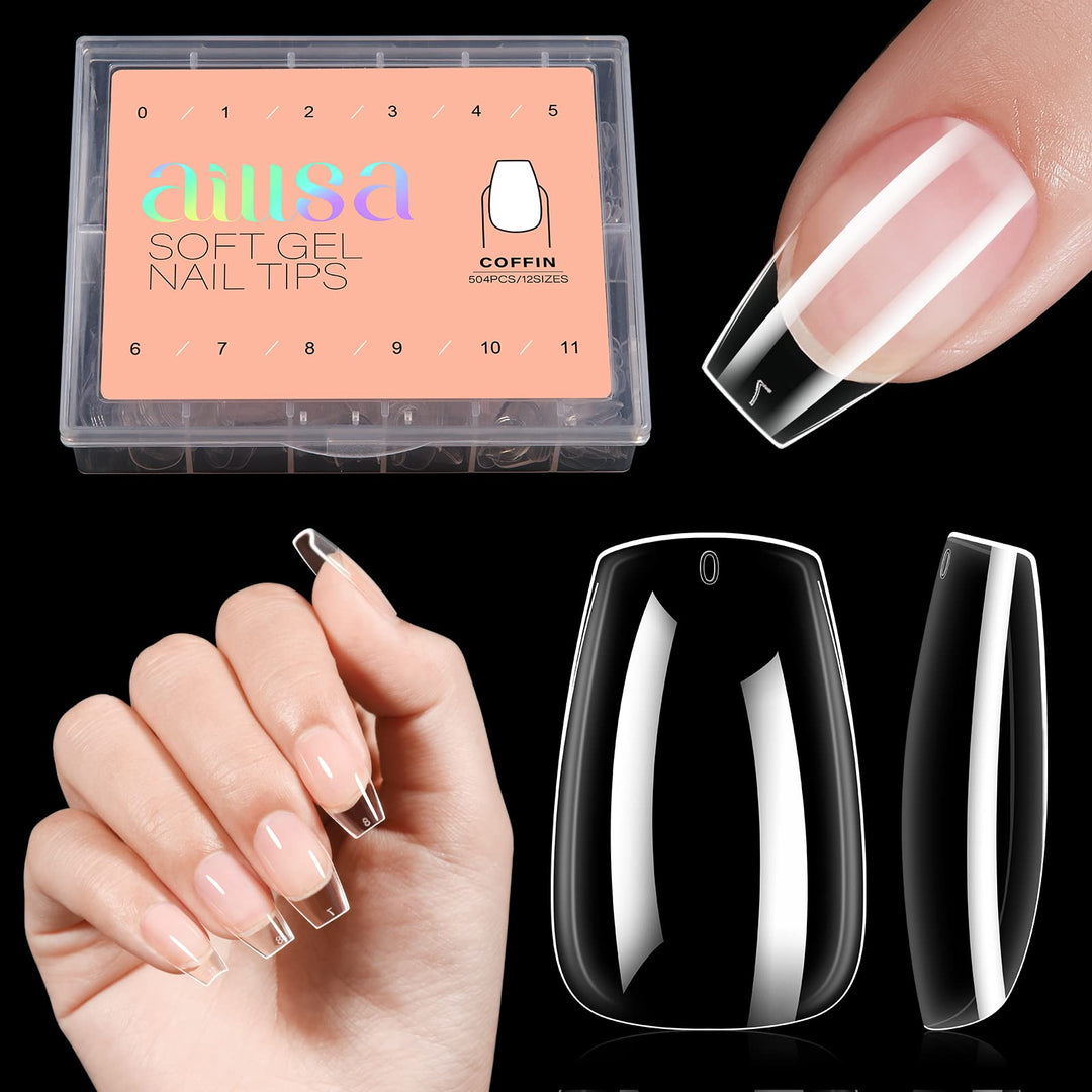 Aillsa Clear Coffin Nail Tips 504Pcs Short Gel Nail Tips Soft Full Cover False Nail Tips Pre-Shaped Press On Nail Tips For Exten