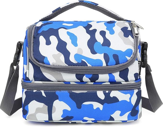 FlowFly Kids Double Decker Cooler Insulated Lunch Bag Large Tote for Boys, Girls, Men, Women, With Adjustable Strap, Blue Camo