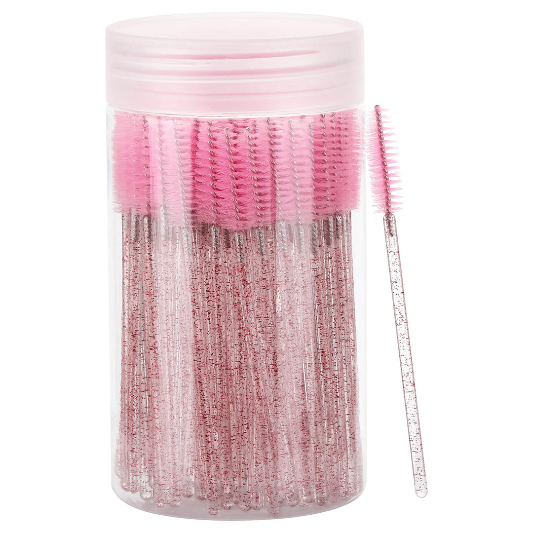 100 Pcs Disposable Mascara Wands, Lash Brushes With Container, Crystal Eyebrow Spoolies Brush For Eyelash Extensions (Pink, Hotp