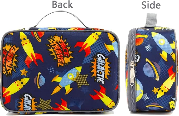 FlowFly Kids Lunch box Insulated Soft Bag Mini Cooler Back to School Thermal Meal Tote Kit for Girls, Boys, Outer Space Rocket Ships in Dark Navy Blue