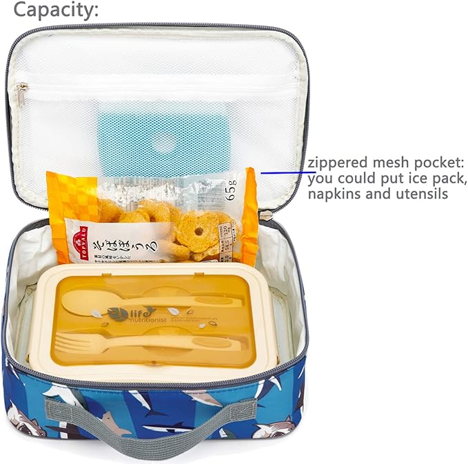 FlowFly Kids Lunch box Insulated Soft Bag Mini Cooler Back to School Thermal Meal Tote Kit for Girls, Boys, Shark