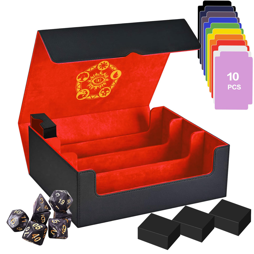 PROMAXIBINDER Trading Card Storage Box for MTG/TCG/YuGiOh, Commander Deck Case Fits 2000+ Cards, 10 Dividers, Dice Set, 3 Foam Stoppers, PU Leather, Magnetic Closure, Magic, Sports Cards (Red)