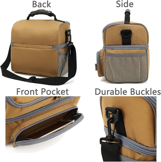 FlowFly Double Layer Cooler Insulated Lunch Bag Adult Lunch Box Large Tote Bag for Men, Women, With Adjustable Strap,Front Pocket and Dual Large Mesh Side Pockets