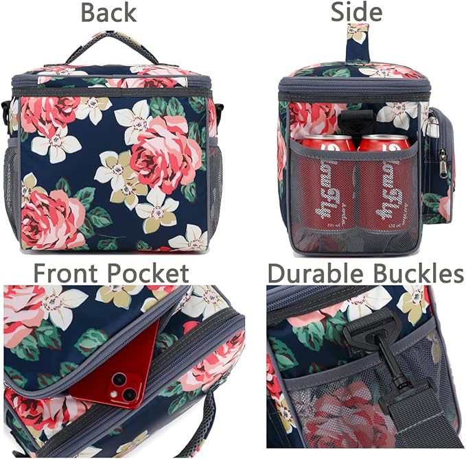 FlowFly Insulated Reusable Lunch Bag Adult Large Lunch Box for Women and Men with Adjustable Shoulder Strap,Front Zipper Pocket and Dual Large Mesh Side Pockets,Peony