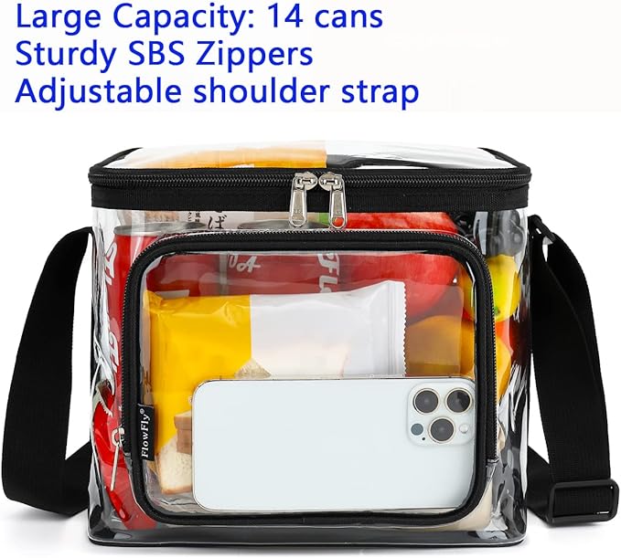 FlowFly Insulated Reusable Lunch Bag Adult Large Lunch Box for Women and Men with Adjustable Shoulder Strap,Front Zipper Pocket and Dual Large Mesh Side Pockets, Clear
