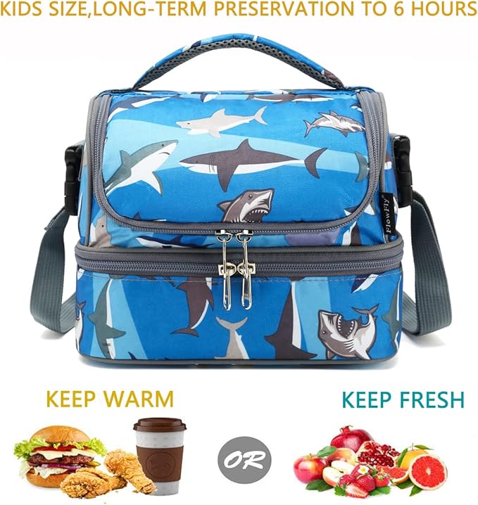 FlowFly Kids Double Decker Cooler Insulated Lunch Bag Large Tote for Boys, Girls, Men, Women, With Adjustable Strap, Shark