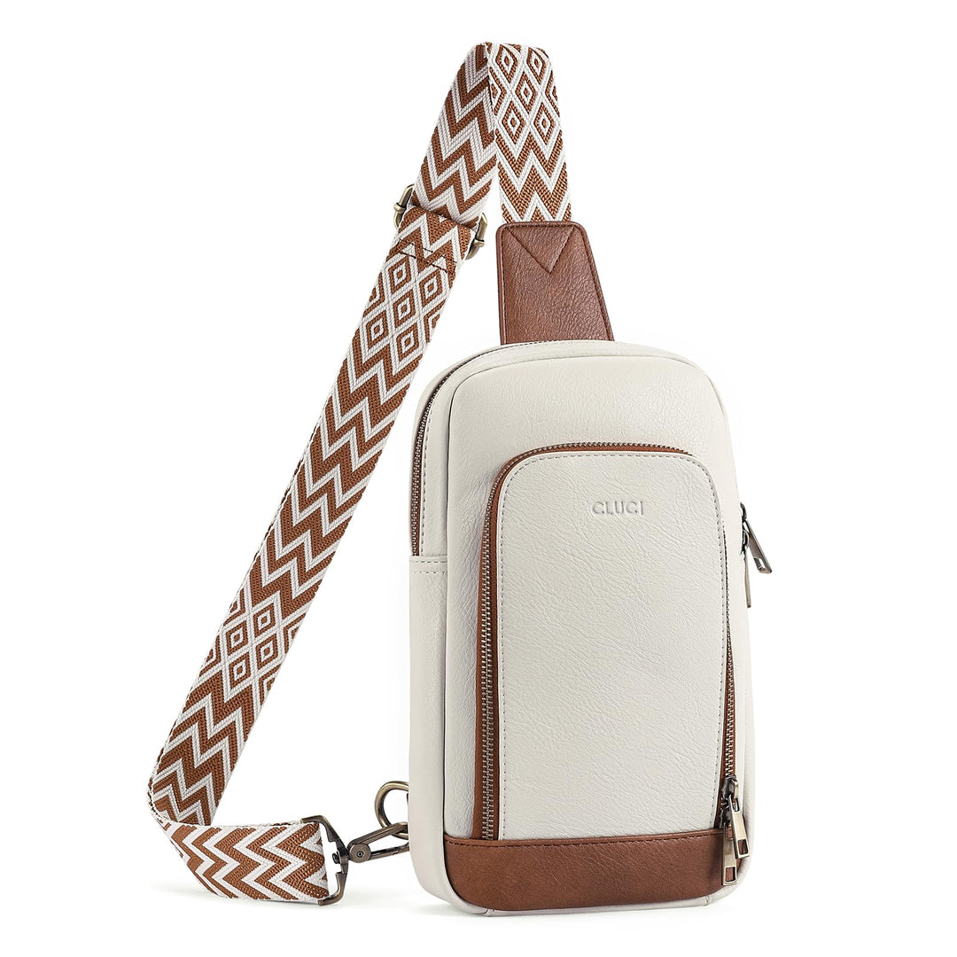 CLUCI Crossbody Bag for Women, Sling Bag for Women, Leather Large Sling Backpack Cross body Bag for Woman for Travel Hiking Beige with Brown