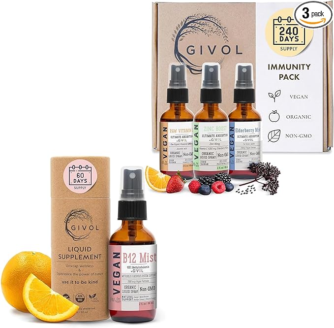 Immunity Pack Liquid Vitamins (Pack of 3) Sambucus Nigra Elderberry Mist, Zinc Boost Mist and Vitamin C Mist (Extra Strength) and Organic Vegan Vitamin B12 Supplement Liquid Mist