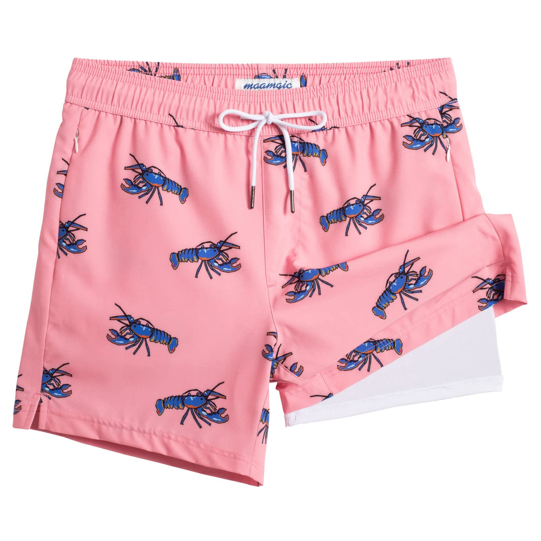 maamgic Mens Swim Trunks with Compression Liner 5" Stretch Athletic Swimming shorts Quick Dry with Zipper Pockets No-Chafing Board Shorts Pink-Blue Crayfish X-Small