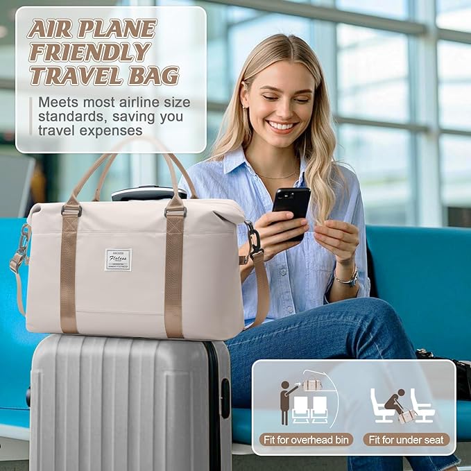 Sports Duffel Bags for Women Beige Weekender Travel Totes Bag for Airplane, Cute Sports Gym Dance Overnight Luggage Bag with Wet Pocket, Carry On Hospital Bag for Labor and Delivery