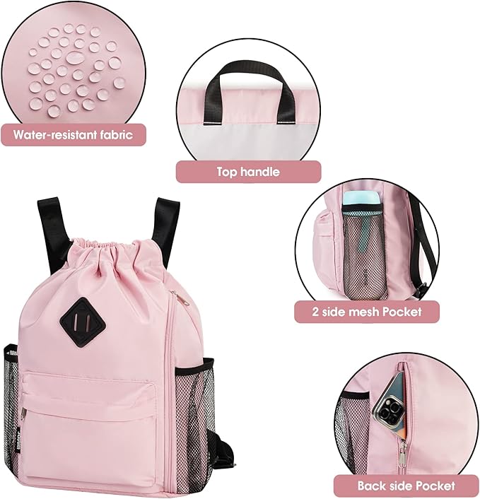 WANDF Drawstring Backpack Sports Gym Bag with Shoes Compartment, Water-Resistant String Backpack Cinch for Women Men (Small,Pink)
