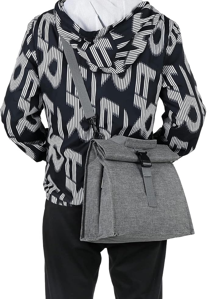 Insulated Lunch Bag for Men/Women/Kids, Roll top Reusable Lunch Box with Adjustable Shoulder Strap, Thermal Lunch Cooler Tote Container for Adults/Teens School Work Office Picnic,Grey