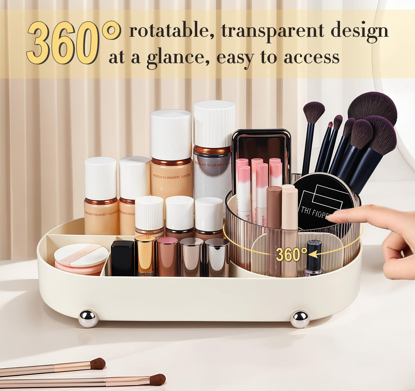 adorbox Make up Organiser, 360° Rotating Makeup Organiser, Rotating Compartment 2 In 1 Makeup Perfume Organiser for Makeup Table, Dresser, Bathroom, Bedroom, Desk (Off white)