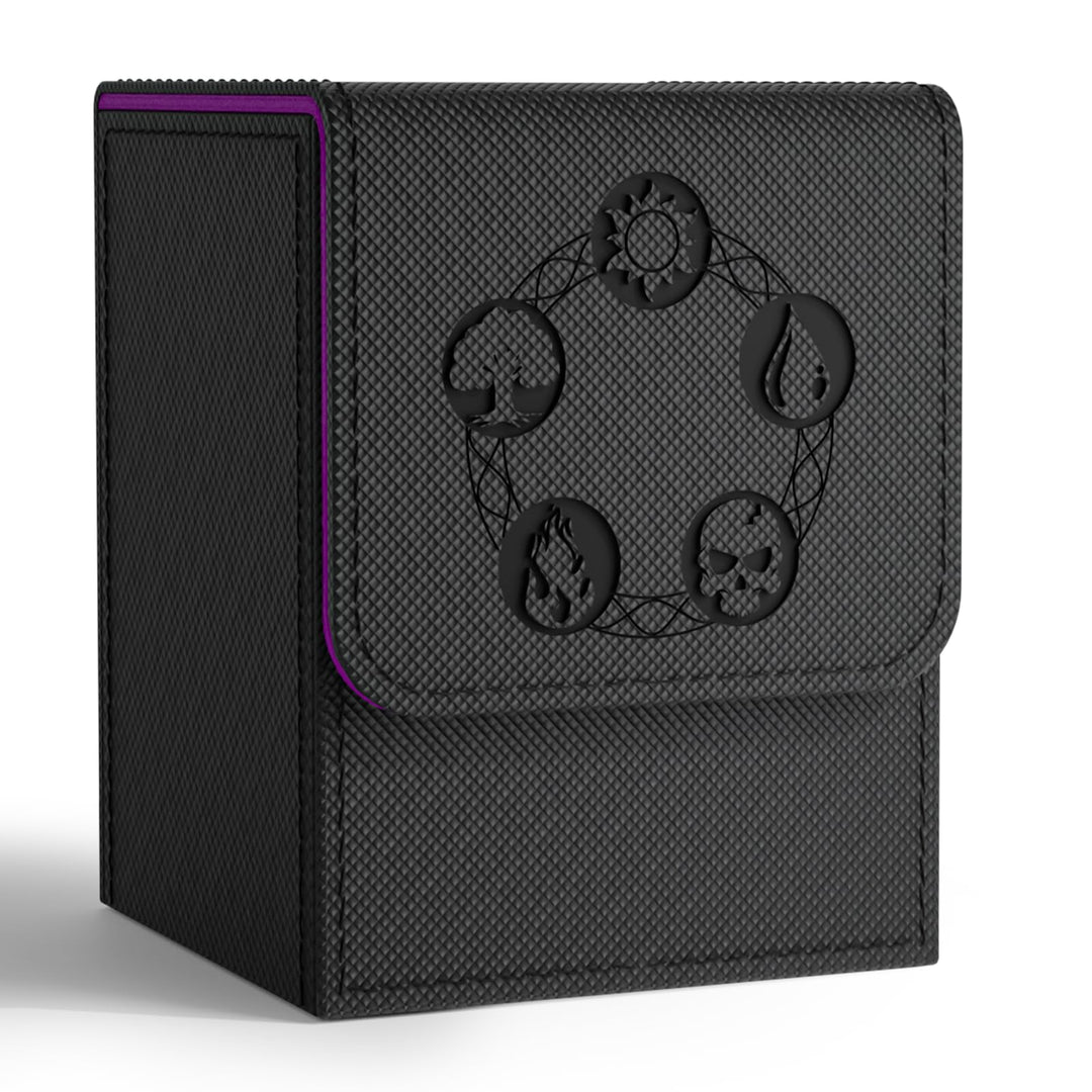 ZLCA Card Deck Box for Trading Cards with 2 Dividers, Card Storage Box Fits 100+ Single Sleeved Cards, PU Leather Strong Magnet Card Deck Case Holder for Magic Commander TCG CCG (Black&Purple)