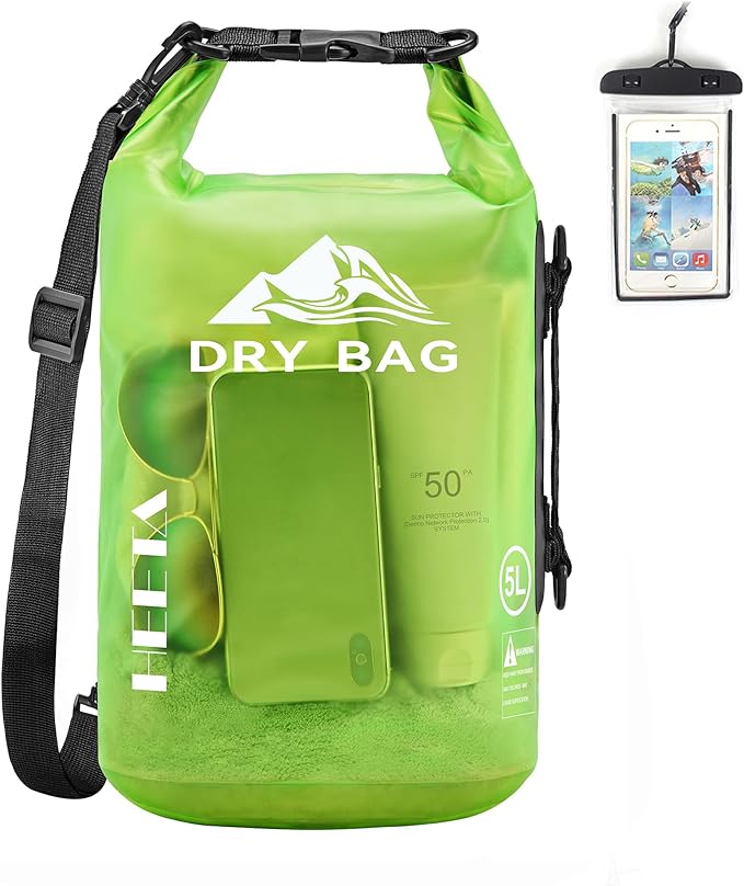 HEETA Dry Bag Waterproof for Women Men, 5L/10L/20L/30L/40L Roll Top Lightweight Dry Storage Bag Backpack with Phone Case for Travel, Swimming, Boating, Kayaking, Camping & Beach, 11 Transparent Colors