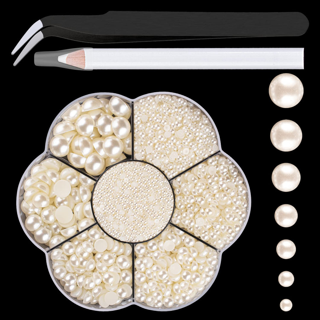 Nail Art Flat Back Half Round Pearl Kits 8, 1 Box Of 2400 Pcs Flat-Back Beige Pearl With Tweezer And Picker Pencil For Home Diy