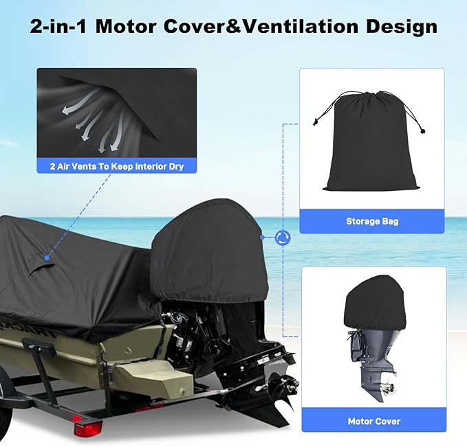 Boat Cover 16-18.5ft, Bass Tracker Boat Cover with Sand Bag Mooring Kit, 1200D Marine Canvas Waterproof Heavy Duty Boat Covers for 16 feet 17ft 18' Foot V Hull Bass & Runabout Boat,Black