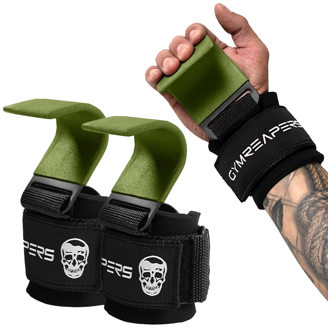Gymreapers Weight Lifting Hooks (Pair), Heavy Duty Power Wrist Straps Hand Grip Support For Deadlifts, Pull Ups, Shrugs - Gym Gloves For Men and Women (OD Green)