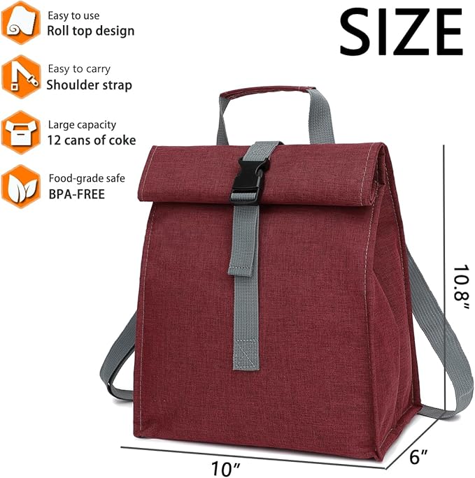 Insulated Lunch Bag for Men/Women/Kids, Roll top Reusable Lunch Box with Adjustable Shoulder Strap, Thermal Lunch Cooler Tote Container for Adults/Teens School Work Office Picnic,Red