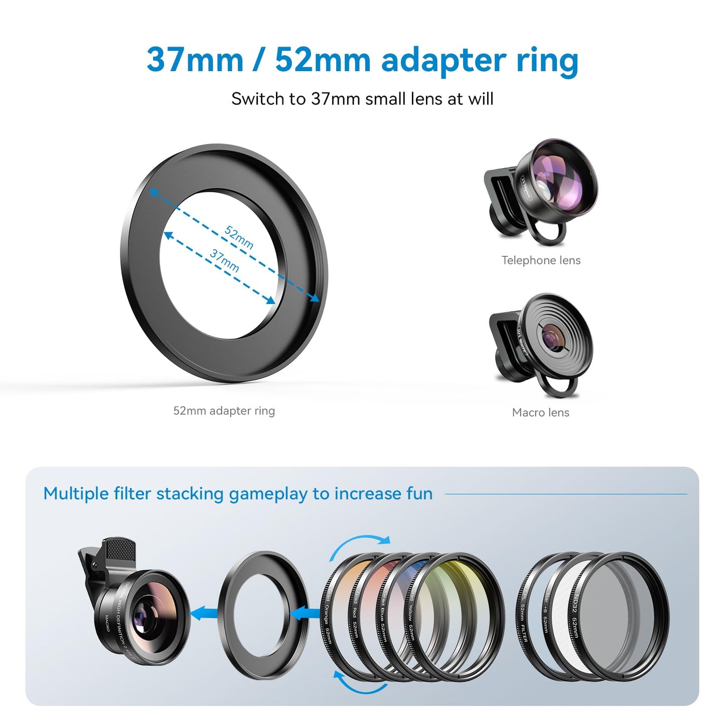 APEXEL 52 mm Phone Filters,Camera Filter Kit 7 in 1,CPL,ND32,Star Filter,4 Gradient Filters (Blue, Yellow, Orange, Red),Suitable for Mobile Phones and 52mm Cameras
