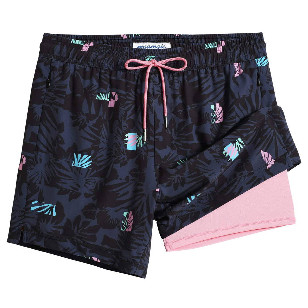 maamgic Mens Swim Trunks with Compression Liner 5" Stretch Athletic Swimming shorts Quick Dry with Zipper Pockets No-Chafing Board Shorts Black-Plant Silhouette X-Small