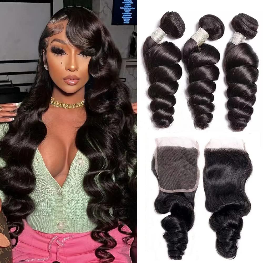 Ralisa Loose Wave Bundles With Closure (22 24 26+20In) 100% Unprocessed Virgin Brazilian Remy Hair Loose Wave 3 Bundles Human Ha