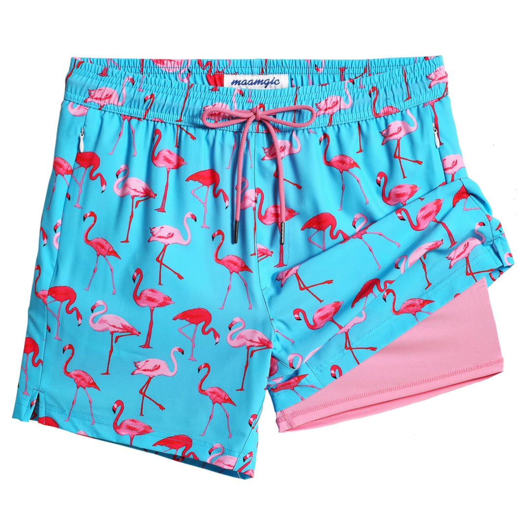 maamgic Mens Swim Trunks with Compression Liner 5" Stretch Beach Shorts Quick Dry with Zipper Pockets No-chafing Board Shorts SkyBlue-Flamingo S
