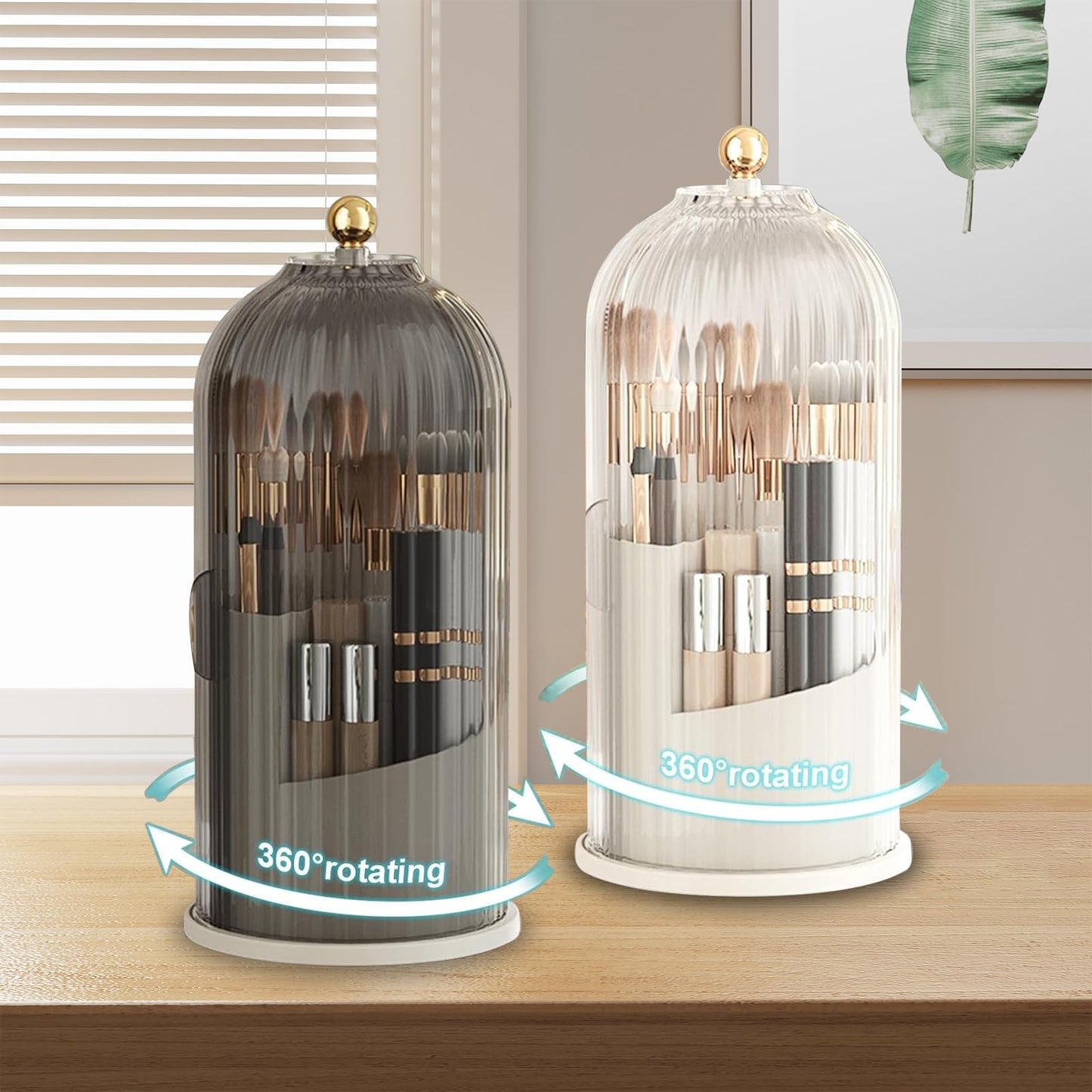 360° Rotating Make Up Brush Holder Storage with Clear Dustproof Lid, Sliding Opening Cosmetic Make-Up Organiser, Makeup Brushes Holder Organizers,Make-Up Brush Container Case for Dressing Table,Vanity