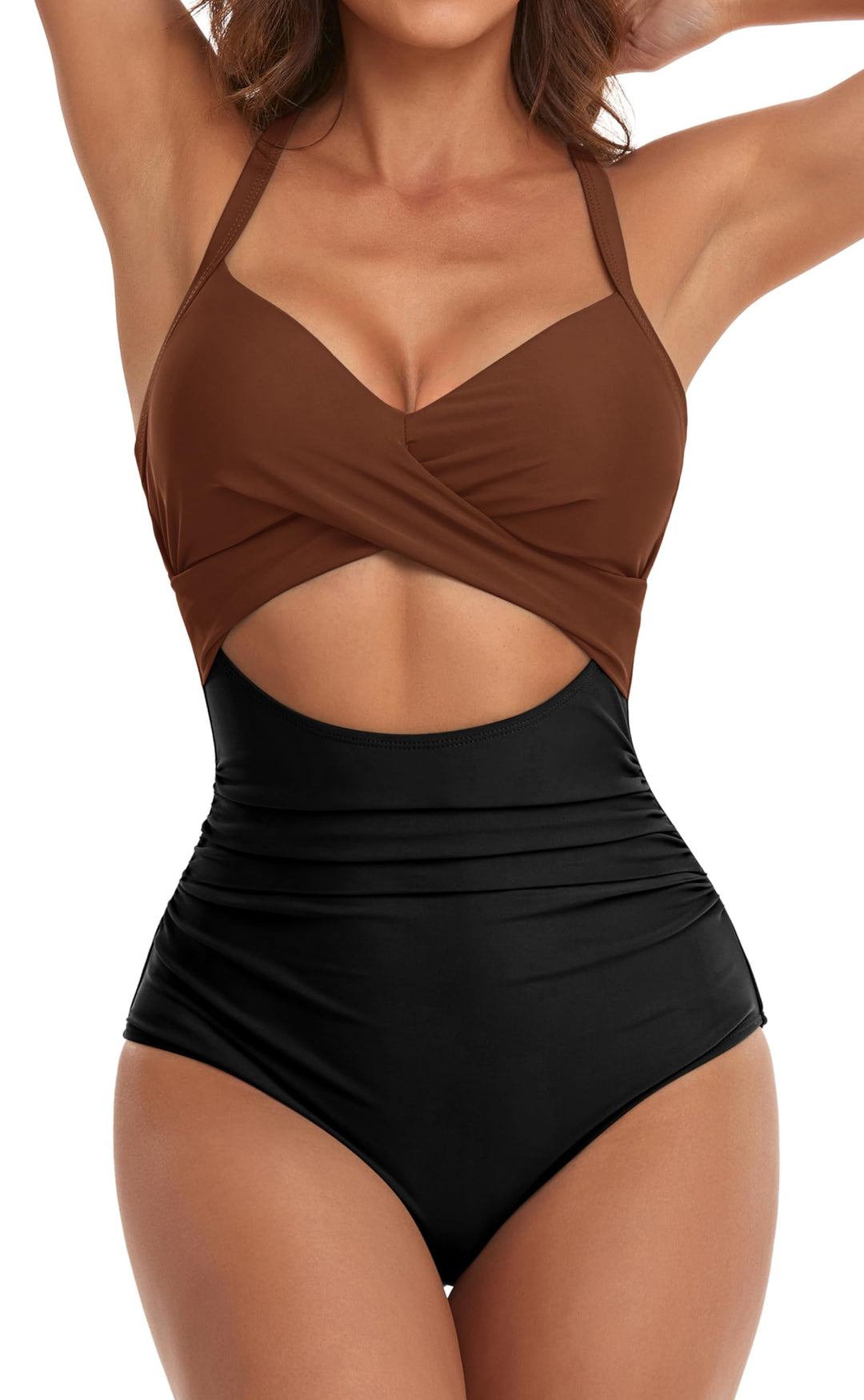 Eomenie Women's One Piece Swimsuits Tummy Control Cutout High Waisted Bathing Suit Wrap Tie Back 1 Piece Swimsuit Caramel, Black