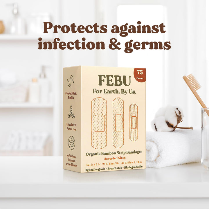 FEBU Eco-Friendly Organic Bamboo Fabric Bandages for Sensitive Skin | PFAS Free Flexible Latex Free Bandages | Natural Hypoallergenic Bandages for Scrapes, Cuts & First Aid | 75 Count Variety Pack