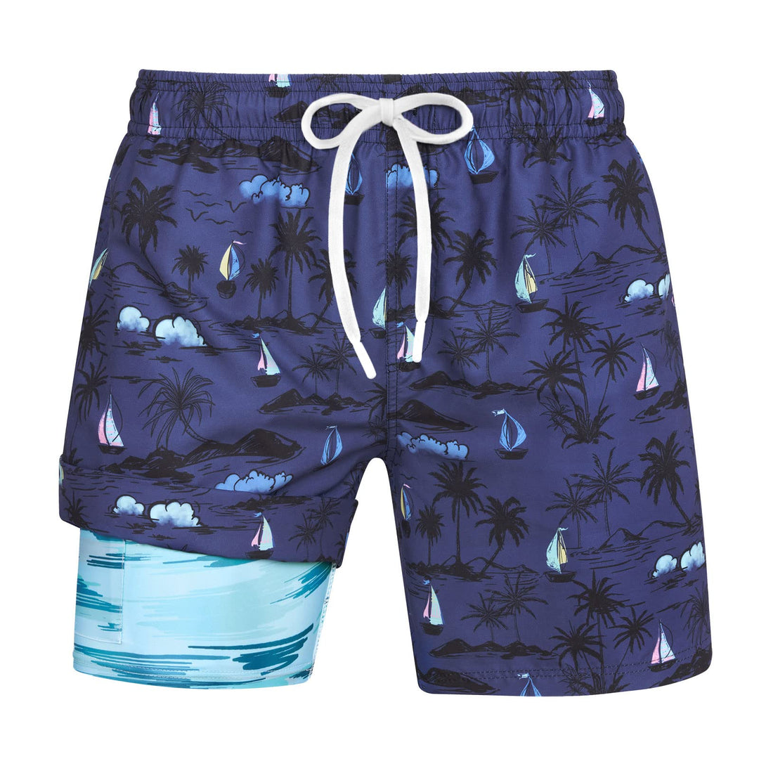 uideazone Compression Liner Swim Trunks Mens Hawaiian Swim Shorts Coconut Tree Sailboat Swimwear Lightweight Boxer Brief Lined Bathing Suit with Drawstring Naby Blue XXL