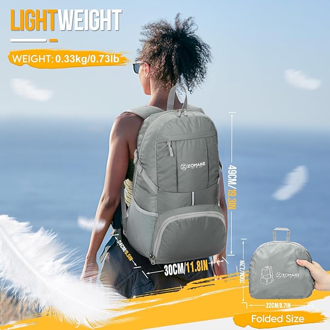 ZOMAKE Lightweight Packable Backpack 35L, Light Foldable Backpacks Water Resistant Collapsible Hiking Bag, Compact Folding Day Pack for Travel Camping(Sliver Grey)