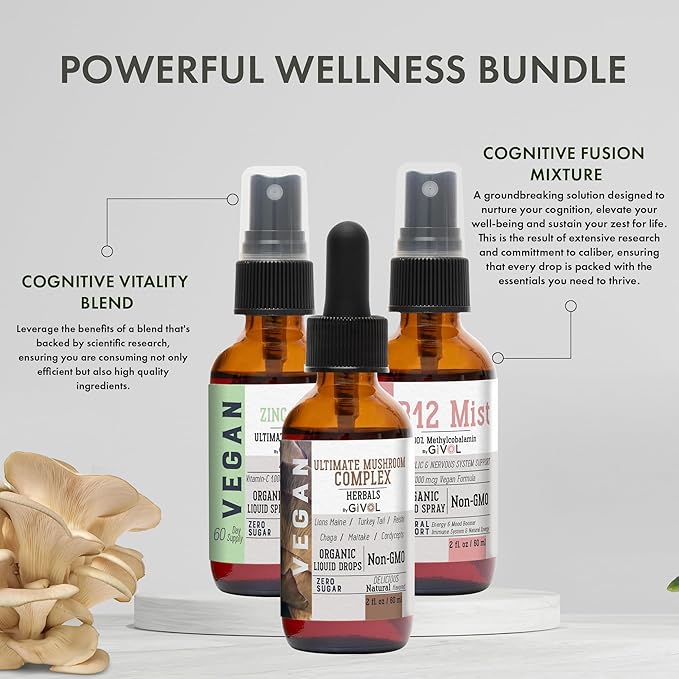 Cognitive Wellness Bundle Liquid Vitamin Trio: Methylcobalamin B12, Lions Mane, Reishi, Chaga Mushroom Complex & Zinc Picolinate: Gluten-Free, Sugar-Free, Non-GMO - 360 Days Supply