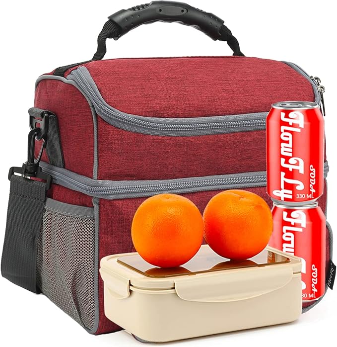 FlowFly Double Layer Cooler Insulated Lunch Bag Adult Lunch Box Large Tote Bag for Men, Women, With Adjustable Strap,Front Pocket and Dual Large Mesh Side Pockets