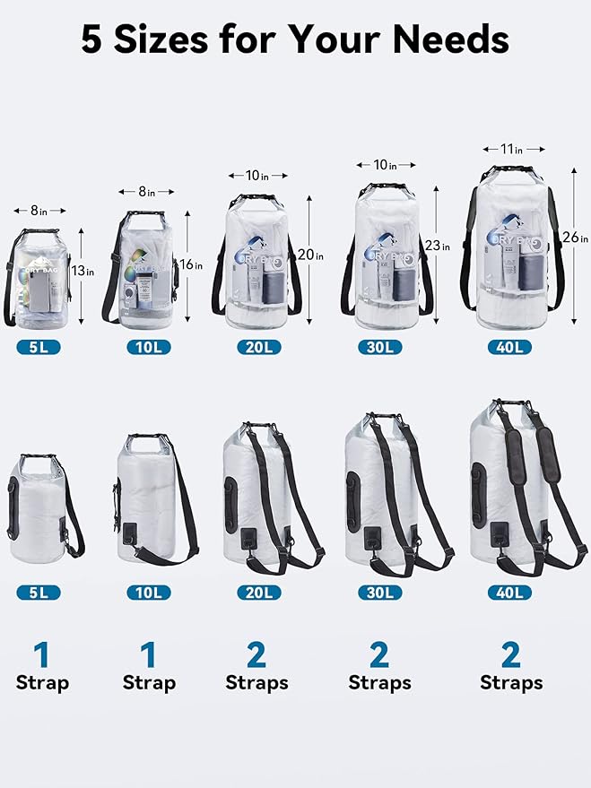 HEETA Dry Bag Waterproof for Women Men, 5L/10L/20L/30L/40L Roll Top Lightweight Dry Storage Bag Backpack with Phone Case for Travel, Swimming, Boating, Kayaking, Camping & Beach, 11 Transparent Colors