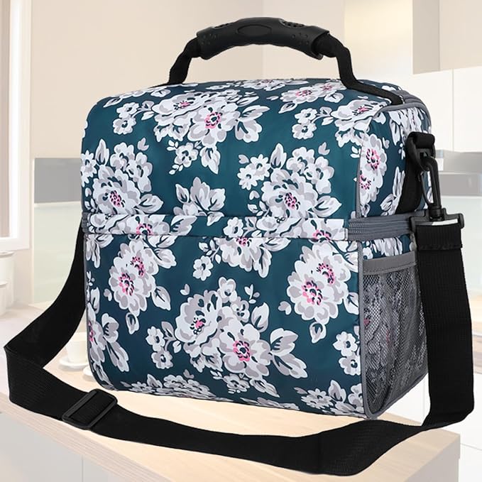 FlowFly Double Layer Cooler Insulated Lunch Bag Adult Lunch Box Large Tote Bag for Men, Women, With Adjustable Strap,Front Pocket and Dual Large Mesh Side Pockets