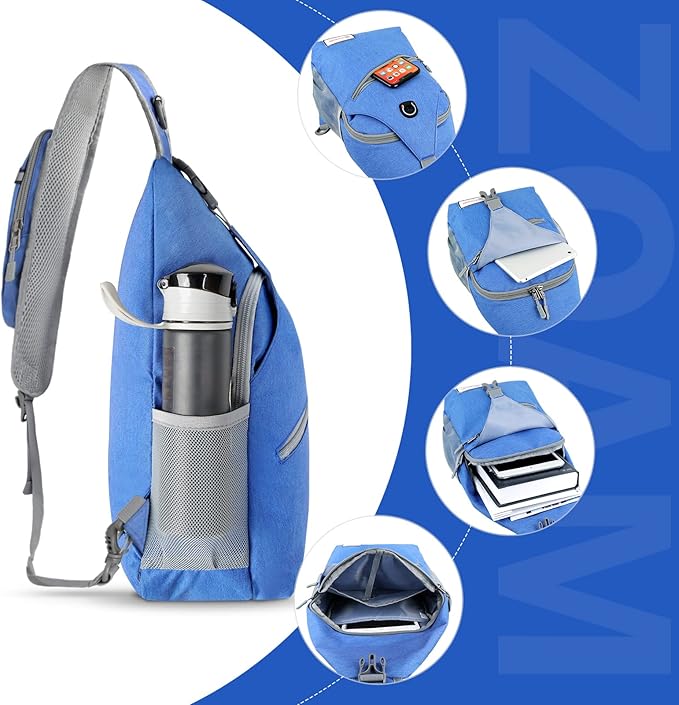 ZOMAKE Sling Bag for Women Men, Small Crossbody Sling Backpack, Mini Water Resistant Shoulder Daypack for Travel, Anti Thief Chest Bag for Hiking, Sports(Blue)