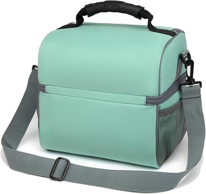 FlowFly Double Layer Cooler Insulated Lunch Bag Adult Lunch Box Large Tote Bag for Men, Women, With Adjustable Strap,Front Pocket and Dual Large Mesh Side Pockets