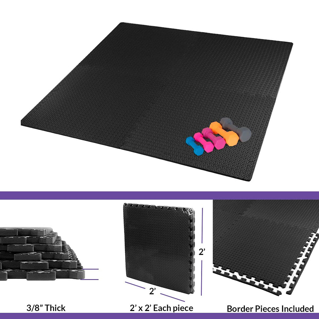 Xspec 3/8" Thick 100 sq. ft. (25 pcs) Gym EVA Foam Floor Mats (24" x 24") | Steel Pattern, Black