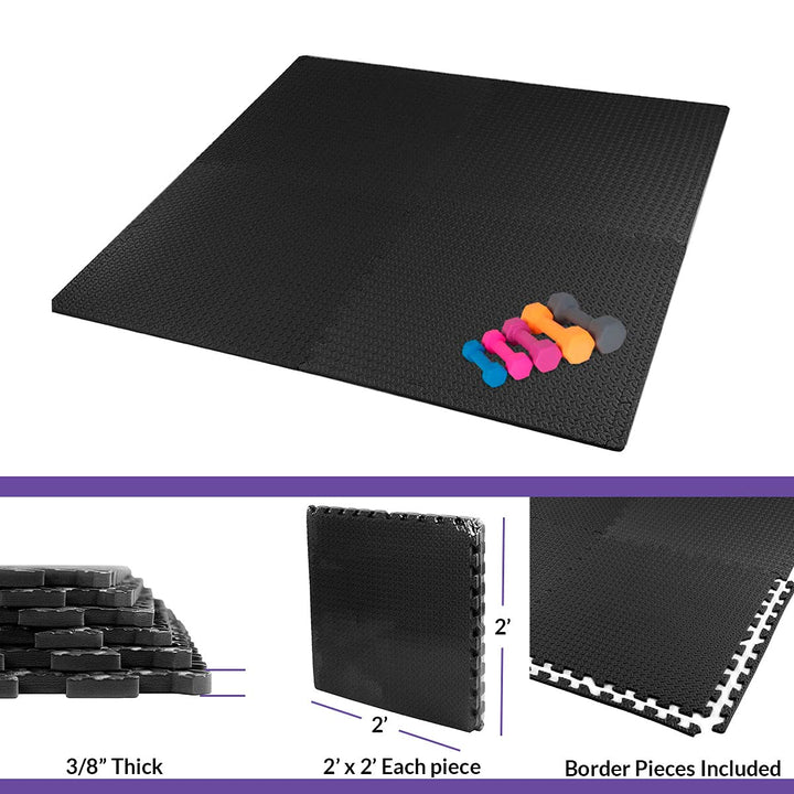 Xspec 3/8" Thick 100 sq. ft. (25 pcs) Gym EVA Foam Floor Mats (24" x 24") | Steel Pattern, Black