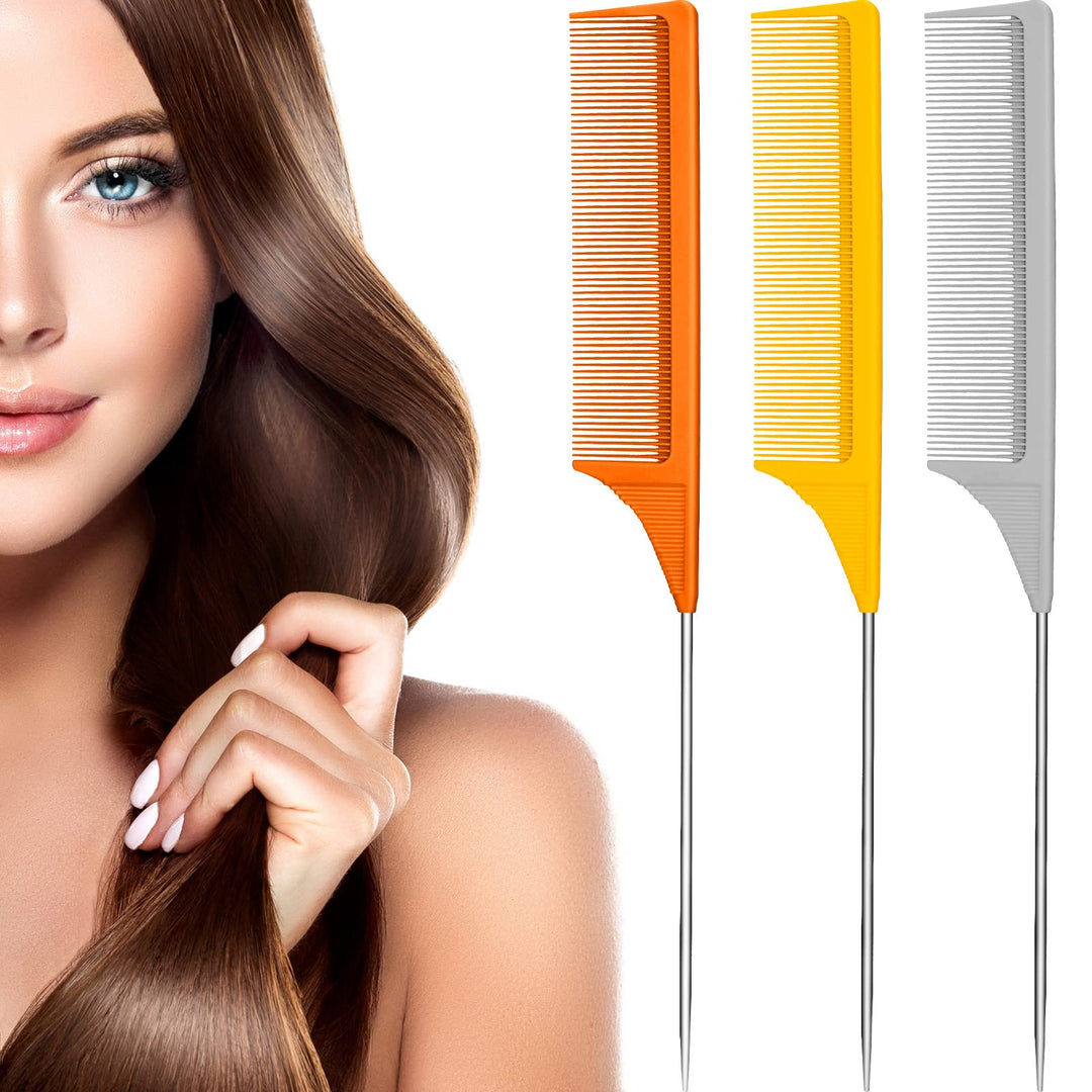3 Packs Rat Tail Comb Steel Pin Rat Tail Carbon Fiber Heat Resistant Teasing Combs With Stainless Steel Pintail (Orange, Ginger,