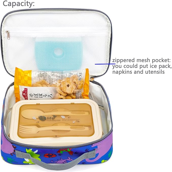 FlowFly Kids Lunch box Insulated Soft Bag Mini Cooler Back to School Thermal Meal Tote Kit for Girls, Boys, Dinosaur