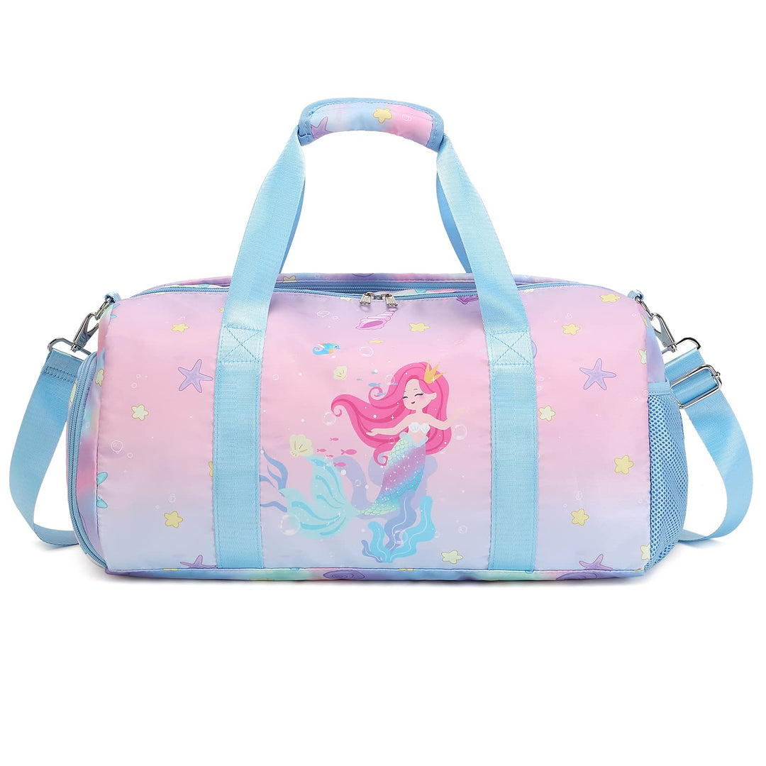 Dafelile Pink Mermaid Dance Duffle Bag, 28L, Water Resistant Polyester, Shoe & Large Wet Compartment, Overnight, Travel, Weekend, Ballet, Gymnastics, Sports, Sleepover