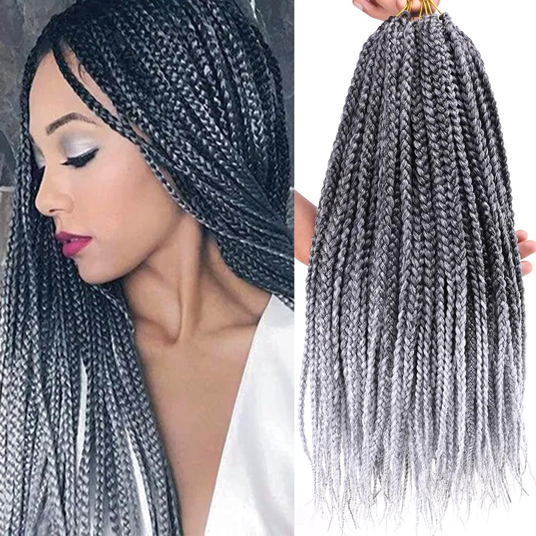 Box Braid Crochet Hair 18 Inch 8 Packs Silver Gray Ombre Grey Goddess 3X Box Braids Crochet Hair Pre Looped Synthetic Braiding H